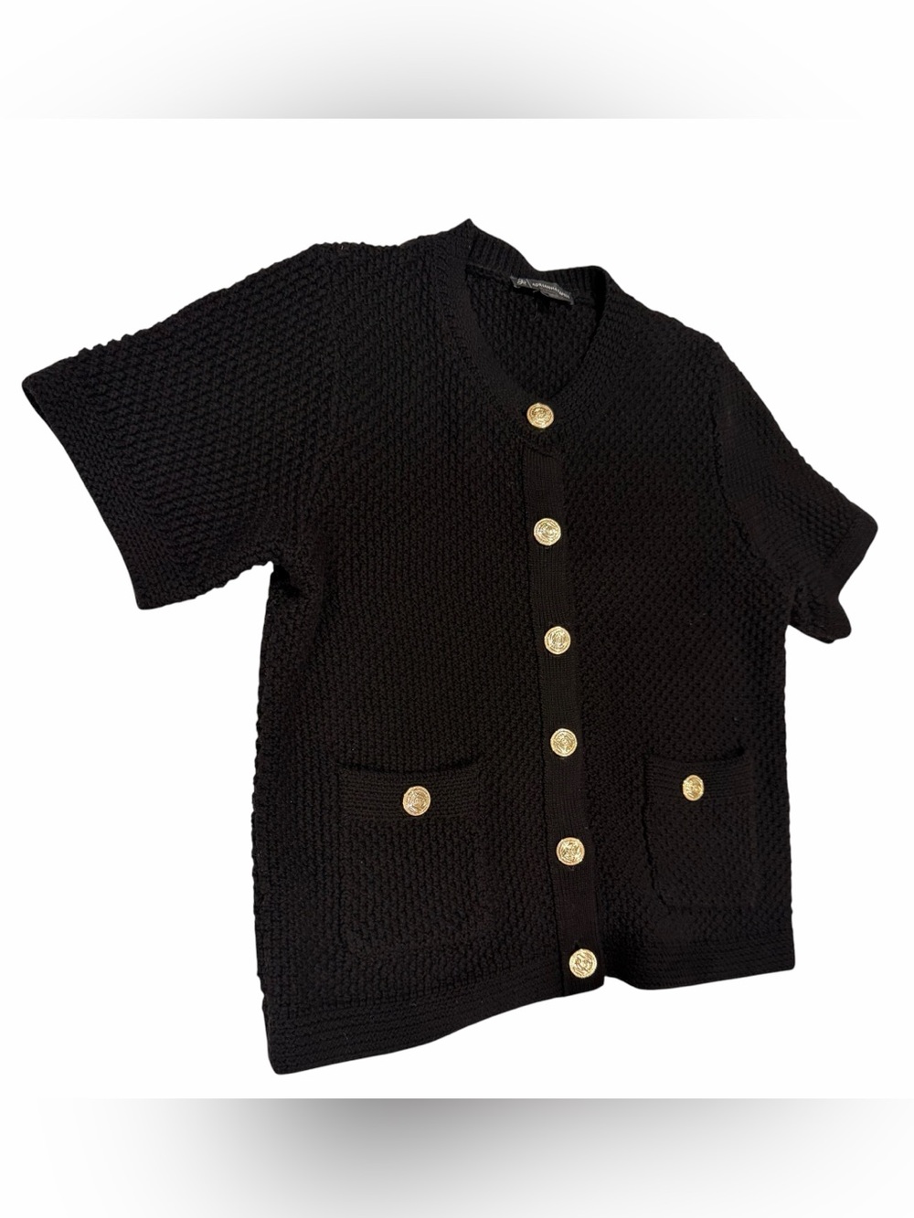 Adrianna Papell Short Sleeve Textured Knit Cardigan Black Gold Buttons Small - Picture 2 of 8